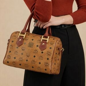 MCM Tan Monogram Satchel with Gold Accents And COA